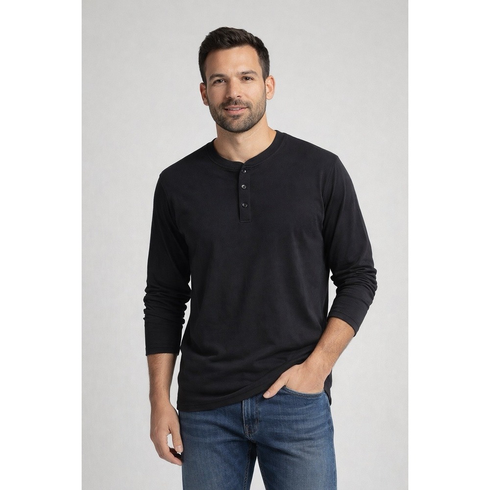 Vustra Men's Long Sleeve Henley Black‎ Size Lg NWT Sustainable Soft Casual Tee